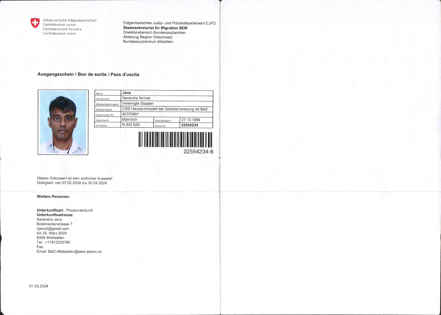 Refugee Pass of Naren Jana